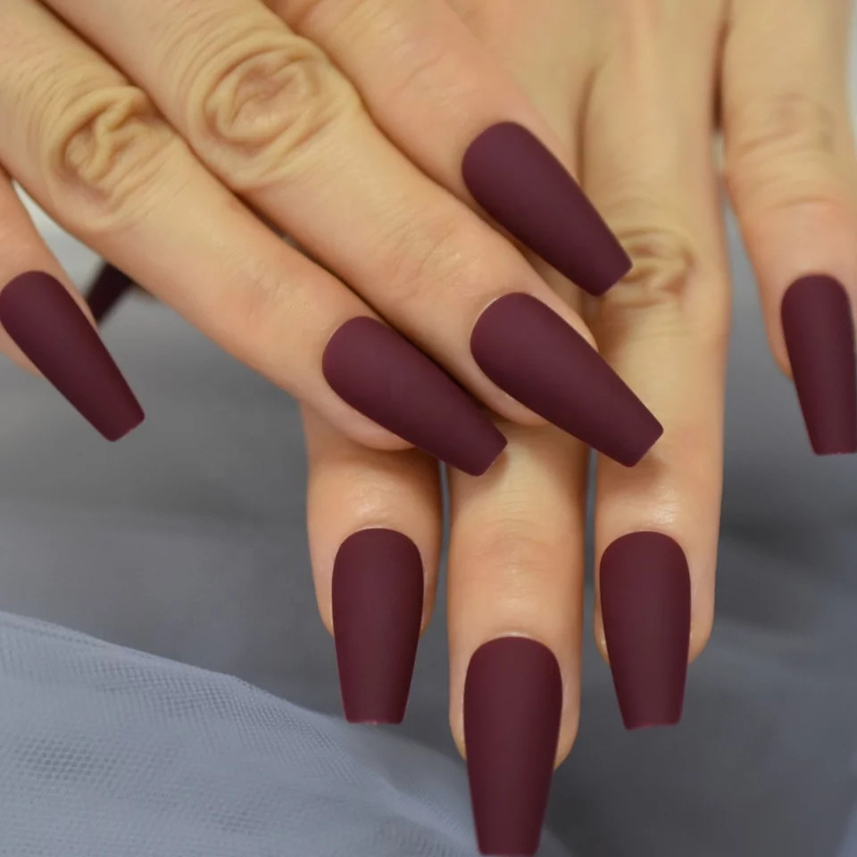 24 New Matte Burgundy Coffin Press on nails kit glue goth mulberry maroon