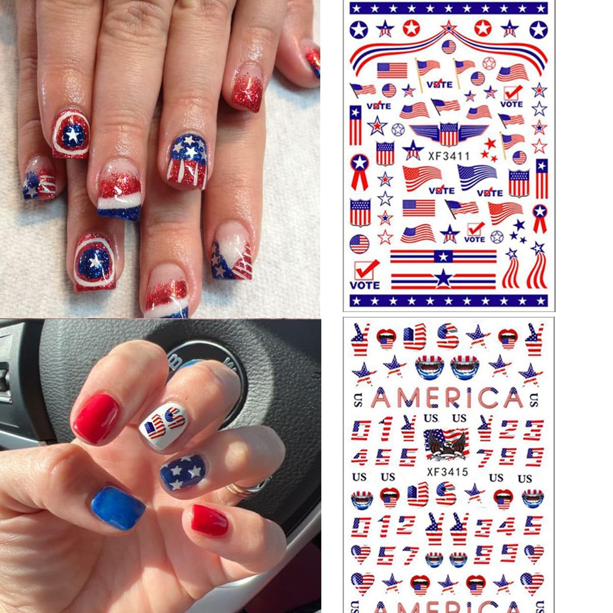 8 Sheets 4th of July Nail Art Stickers White Red Blue 3D Self-Adhesive Nail D…