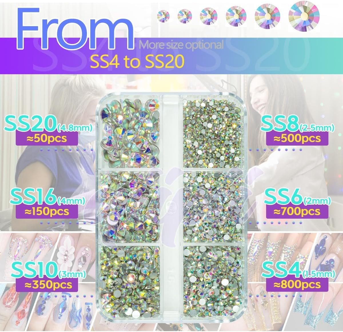 2550Pcs Crystal AB Nail Art Flatback Rhinestones Charms for Face Makeup, White A