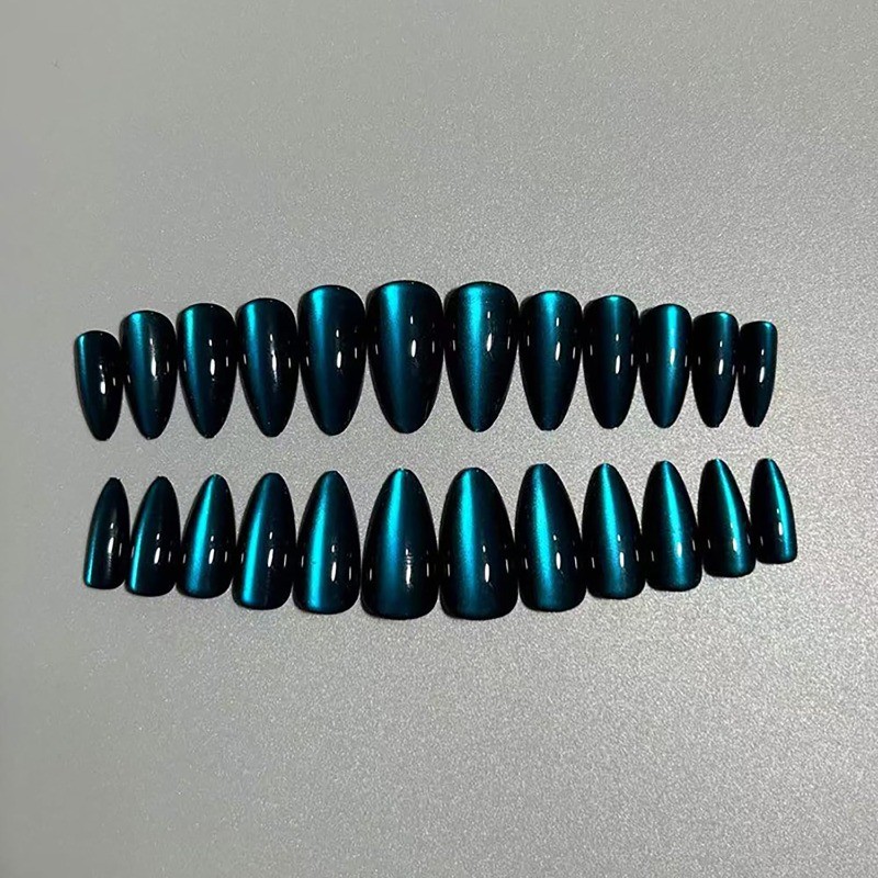 48PCS Medium Voltage Almond Fake Nail Lake Blue Flash Removable Nail Art