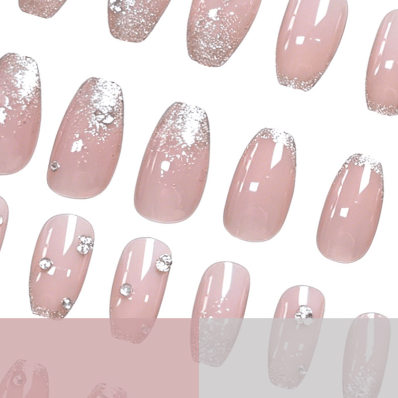 48pcs Short Square Press on Nails, Nude Silver Glitter Rhinestone Daily Nails