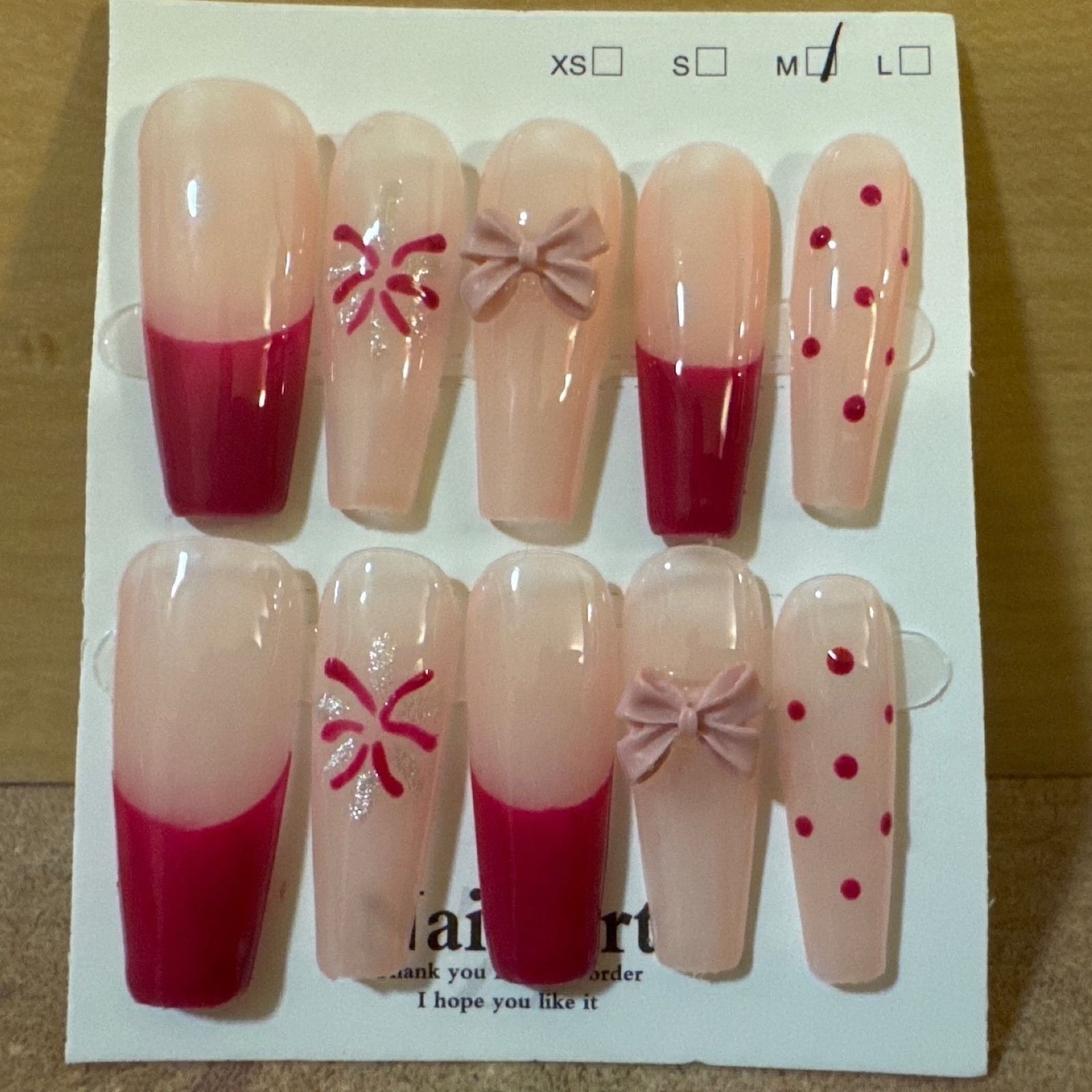 Pink and Red Press On Nails Long Coffin 3D Bow Polka Dot Glitter Medium Size Set