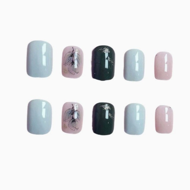 48pcs-Botanical Press on Nails, Short Square Sage Green with Gold Foil Accents