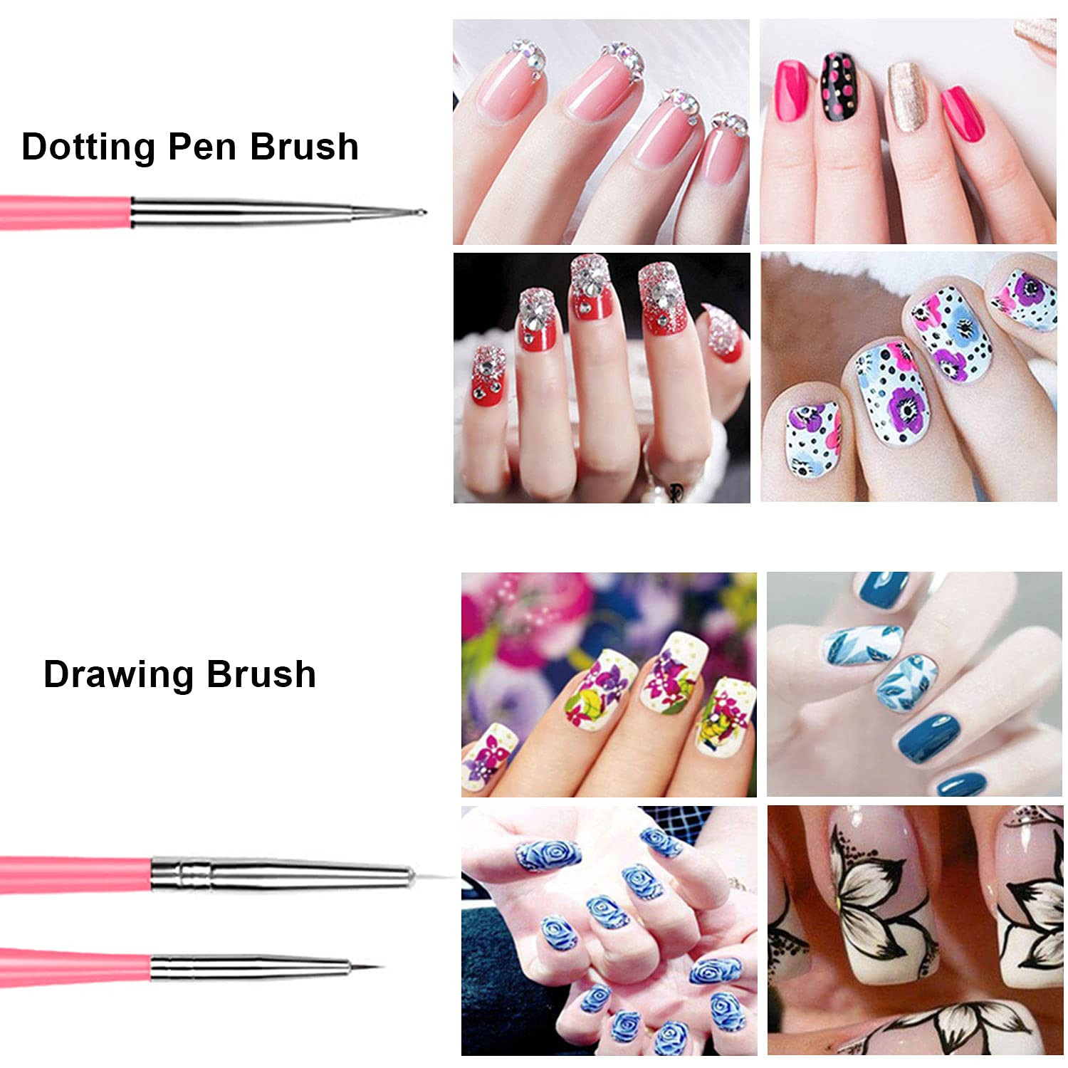 20Pcs Nail Art Design Tools, 15Pcs Brushes Kit with 5Pcs Dotting Pens, PINK