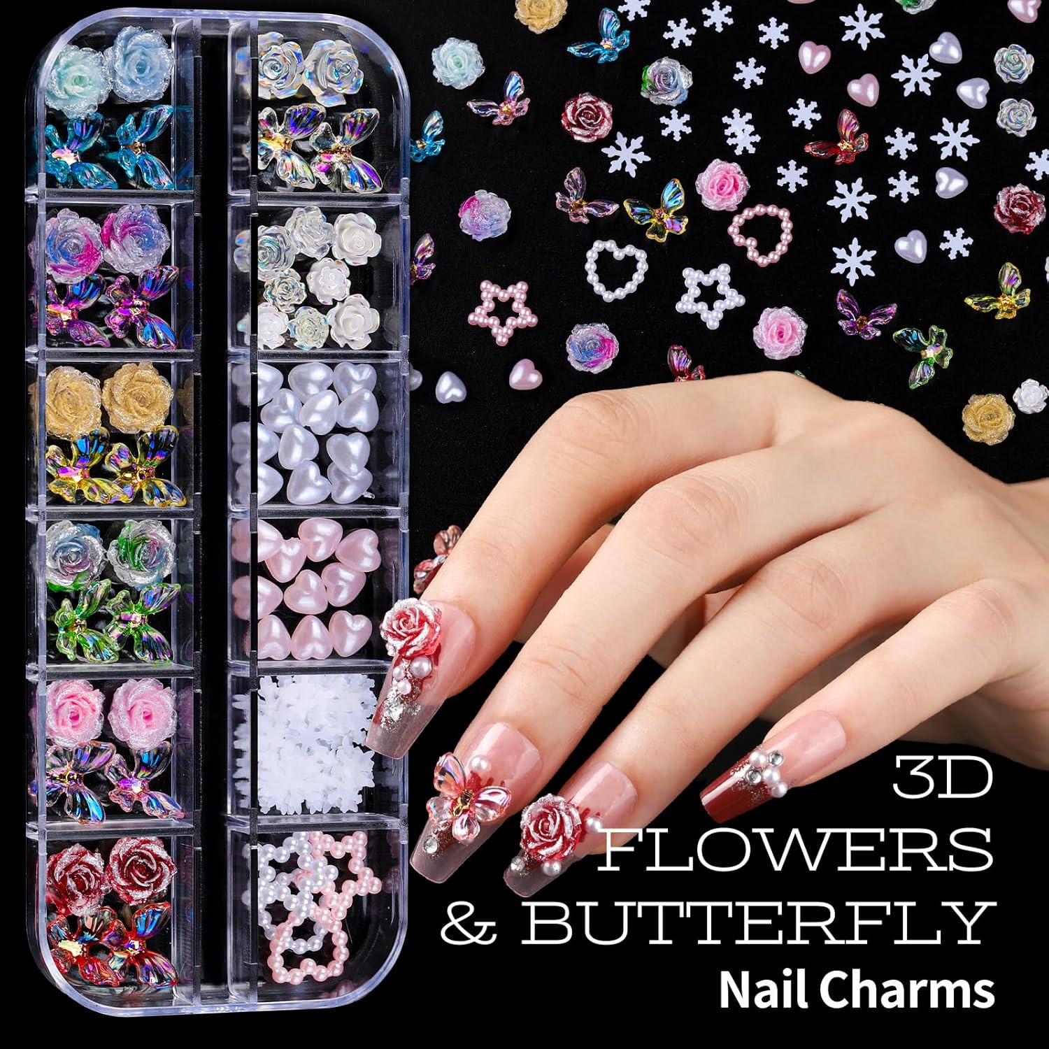 Nail Art Kit with 3D Charms, Rhinestones, Brushes, and Dotting Tools