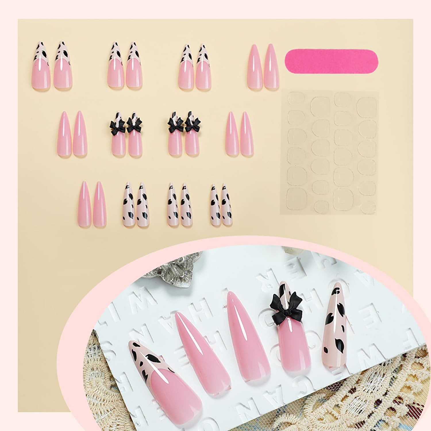 Pink Leopard Press on Nails Long Length Almond Tip False Nails 3D Black Bow D…