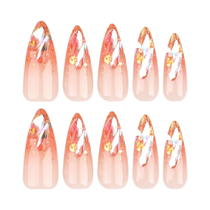 Medium Press on Nails Almond Shaped French Ombre French Ombre Gold Glitter A01