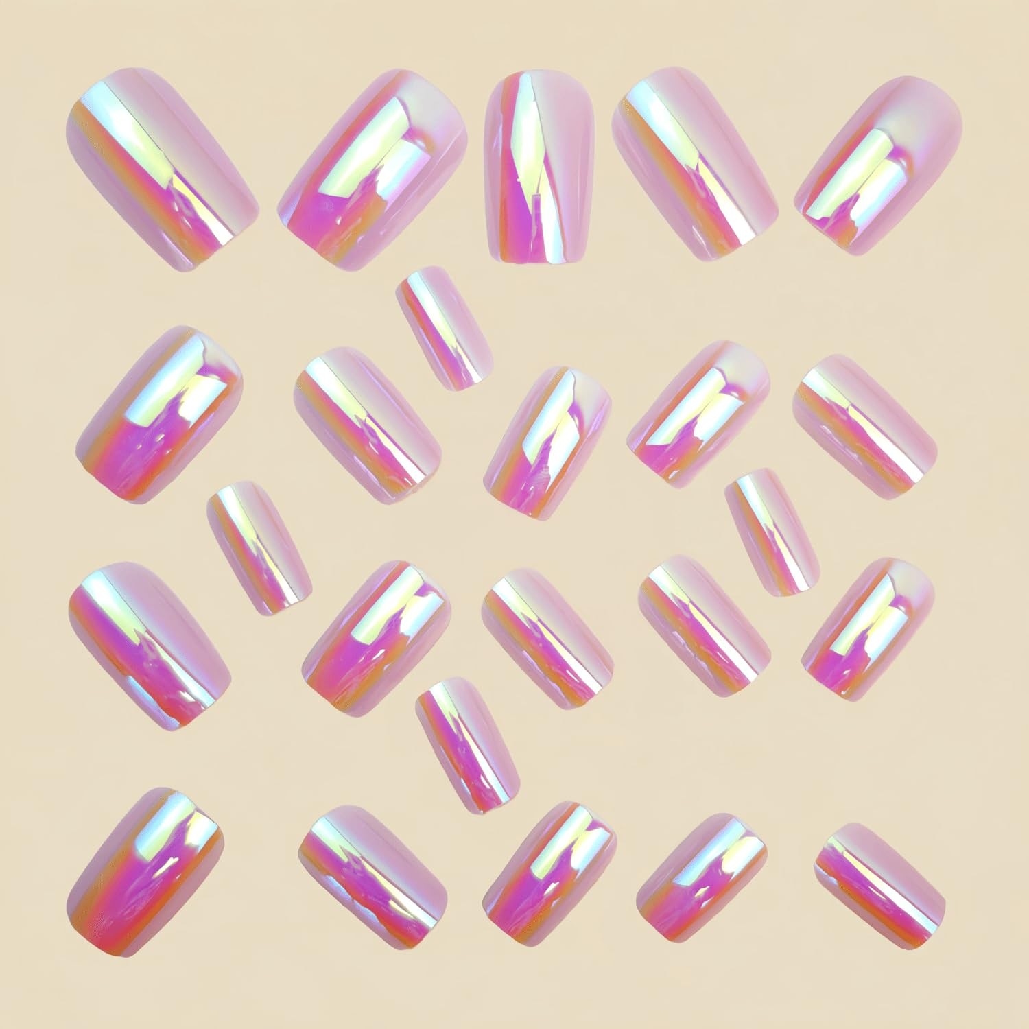 24Pc Chrome Press On Nails Medium Square Fake Nails Metallic Style Acrylic Na…