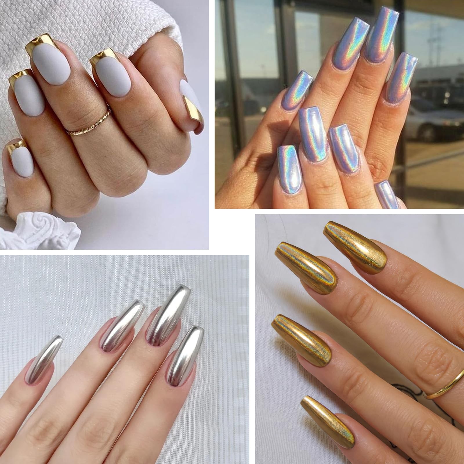 Gold Silver Chrome Nail Powder, 6 Colors Metallic Mirror Chrome Palette | Hologr