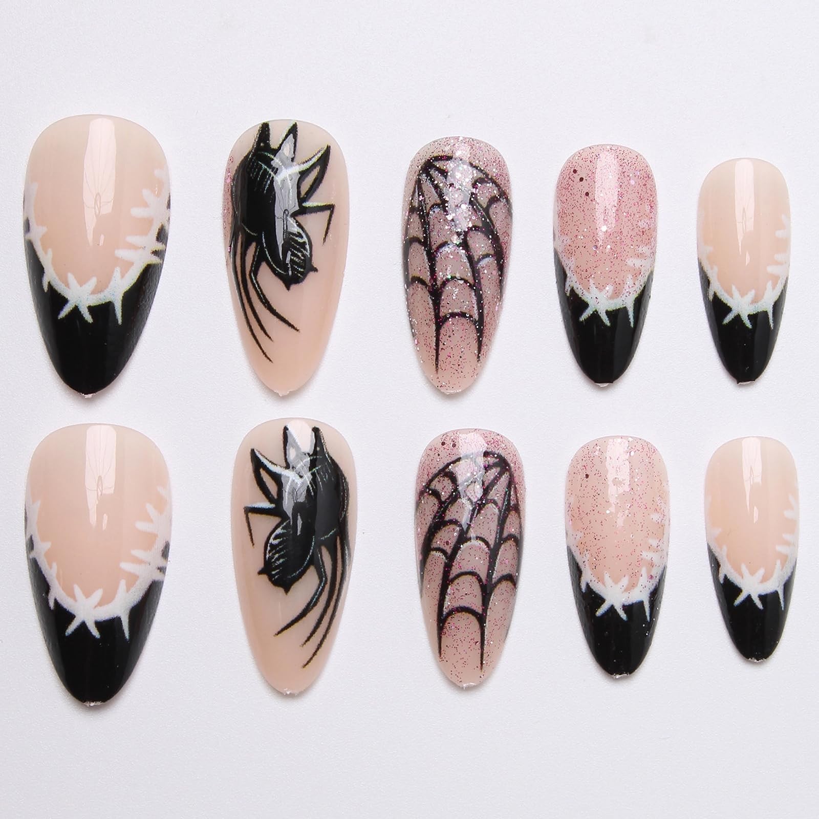 Press on Nails – Medium Almond Glue on Nails with Black French Tip, Acrylic G…