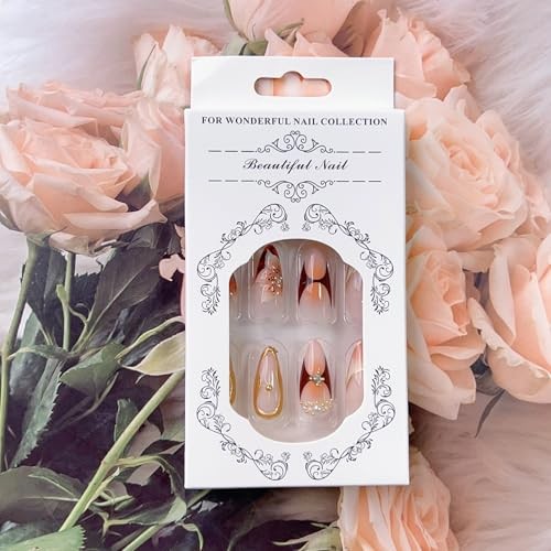 Handmade Press On Nails Almond Medium Long 3D Fake Nails with Charms style01