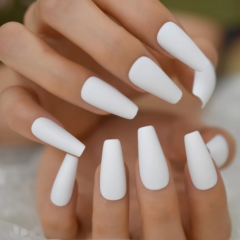 White Press On Nails Glue On Matte or Glossy Long Coffin 24