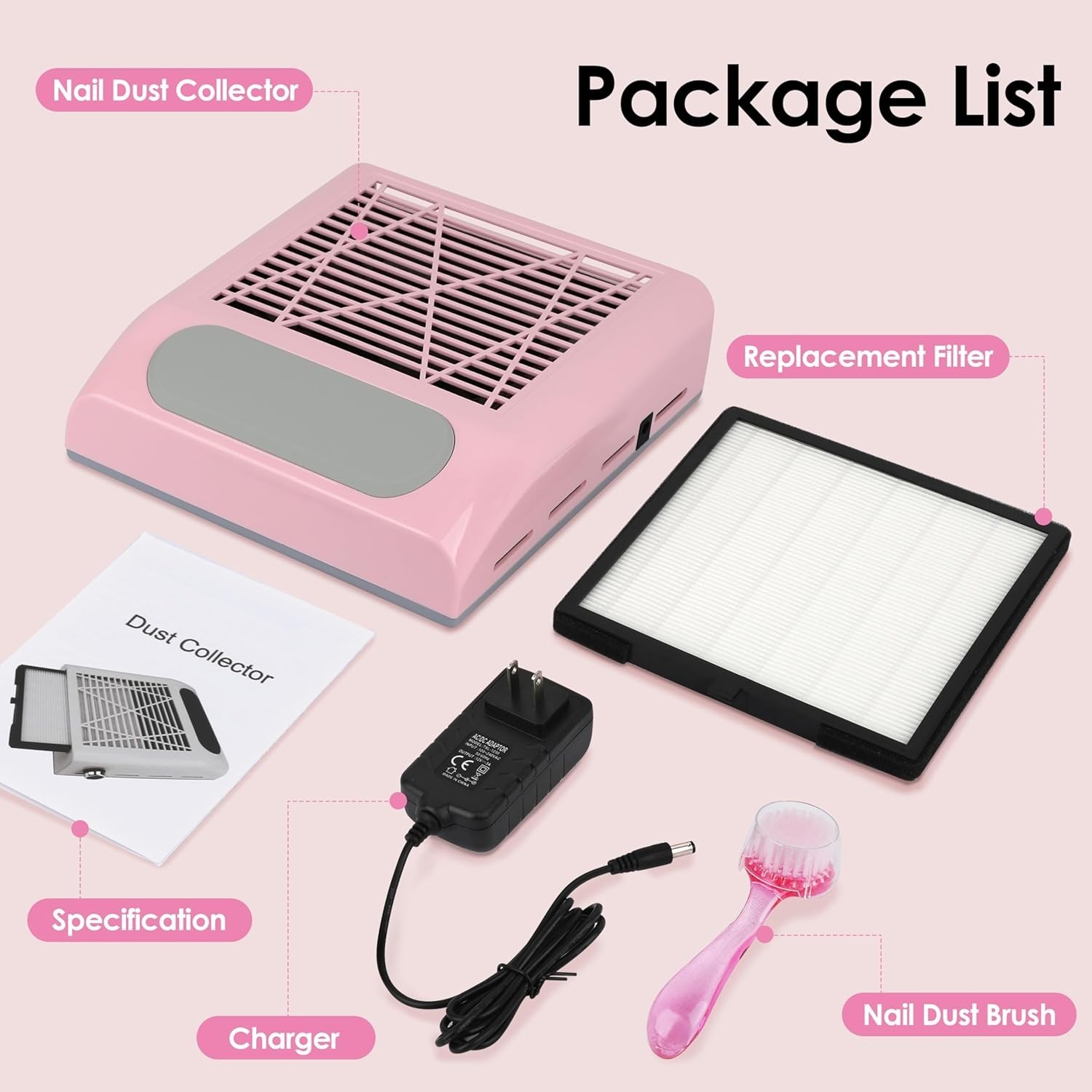 Electric Acrylic Nail Dust Collector – 80W Power Pink Vacuum for Dust-Free Art