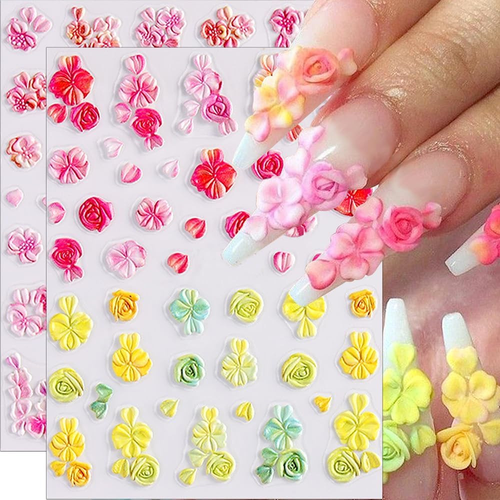 5D Embossed Flower Nail Stickers for Women Manicure Decor, 5D Acrylic Carved Flo