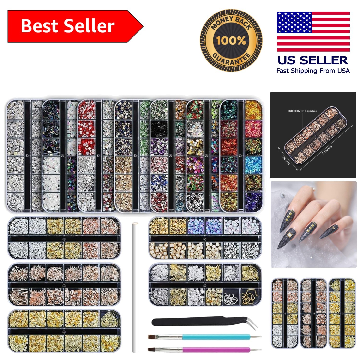 Deluxe 12-Box Nail Art Rhinestones with Tweezers & Pens for Creative Designs