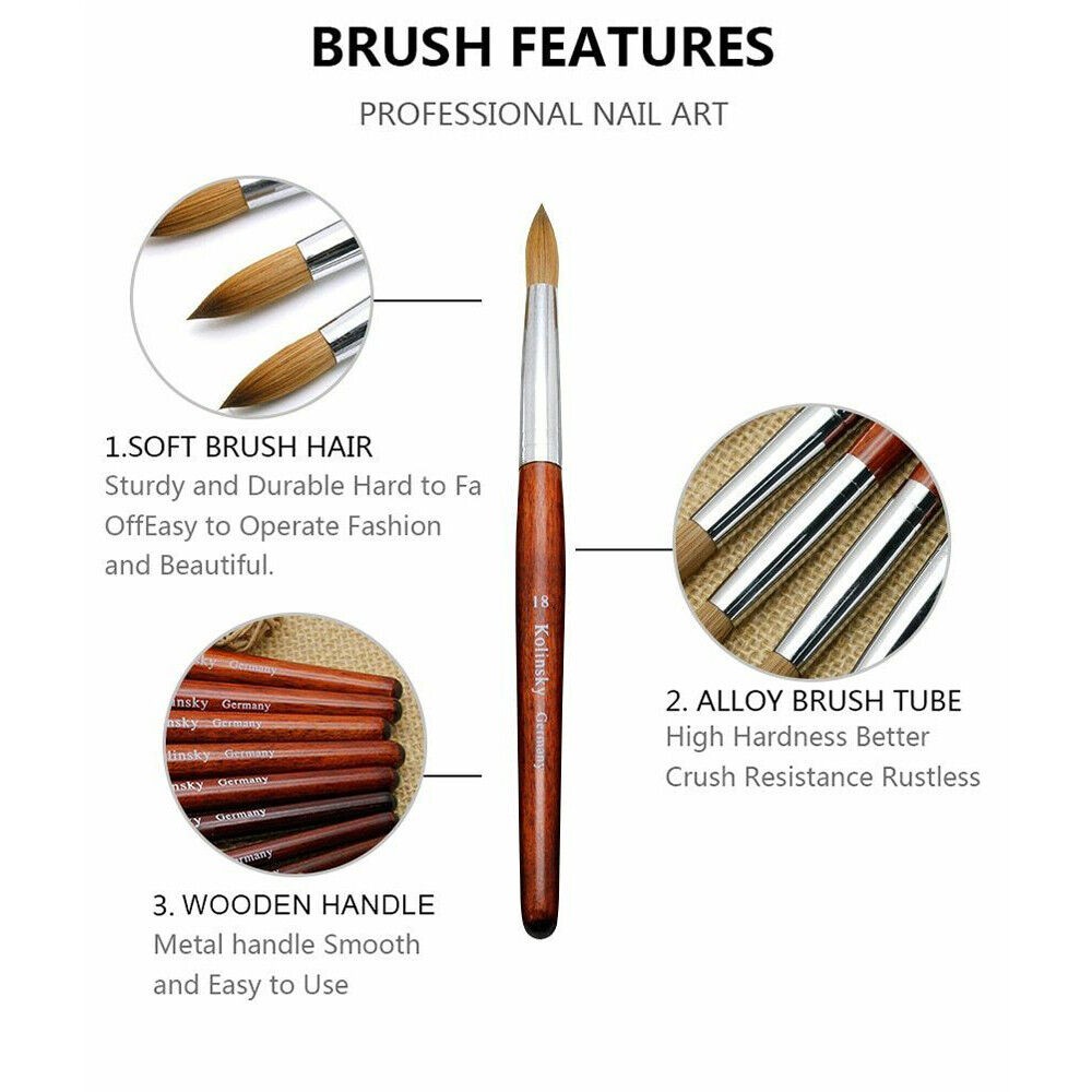Kolinsky Sable Acrylic Nail Art Brush Round Red Wood Handle Professional