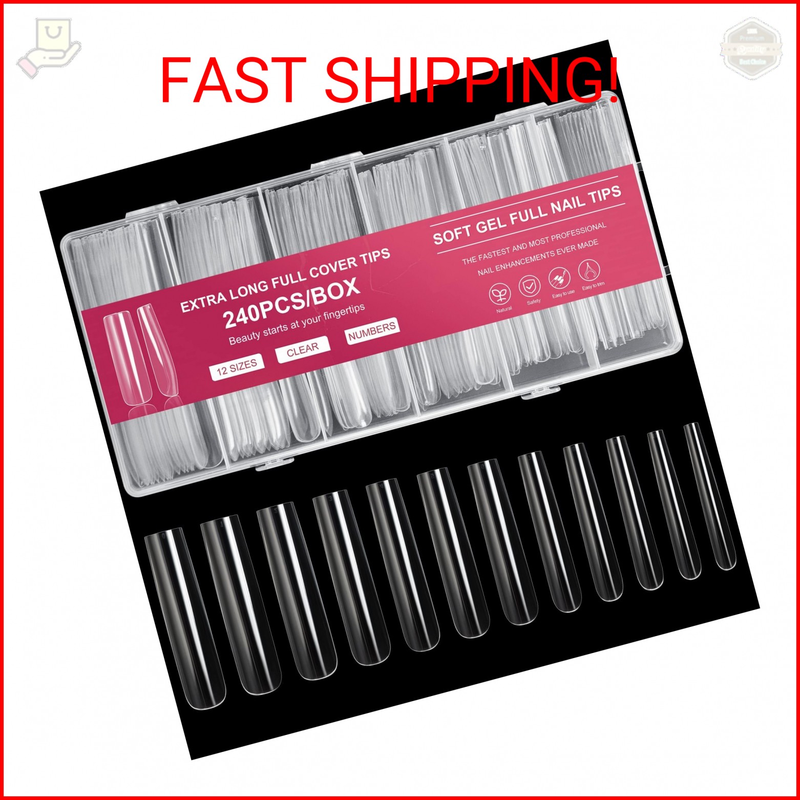 AORAEM Extra Long Square Full Cover Nail Tips 240PCS XXXL Clear Full Cover Fake