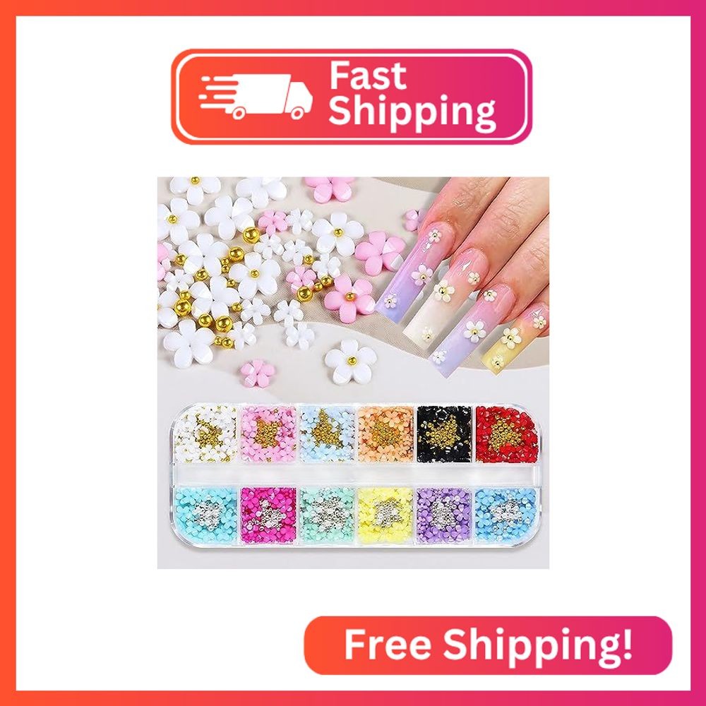 12 Grid 3D Flowers Nail Charms Acrylic Colorful Flowers Nail Art Rhinestones Gol