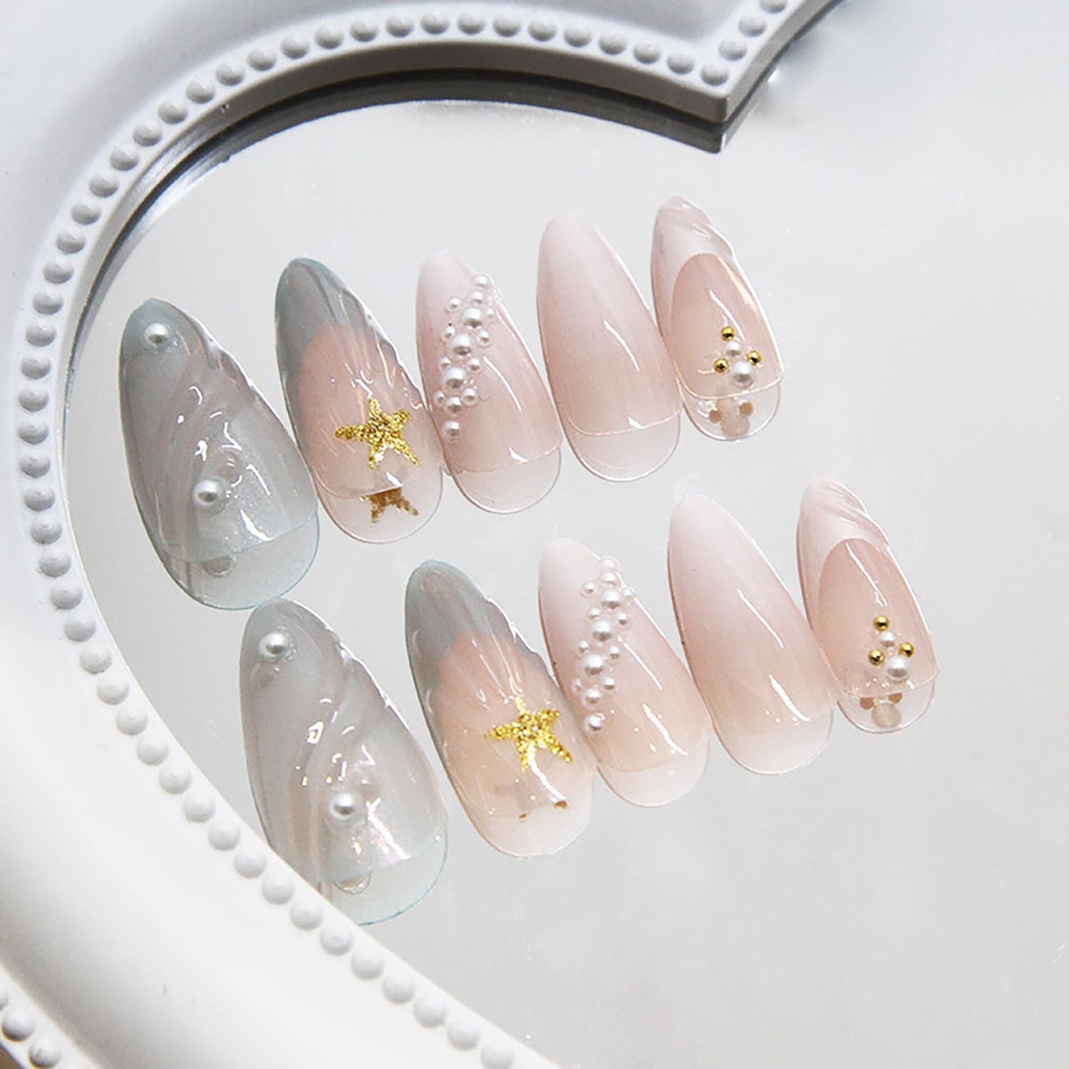 24Pcs Summer Press-on Nails Medium Almond False Nails with 3D Pearl Seashell …