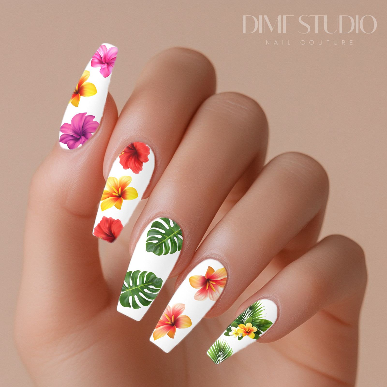 Tropical Palm Leaf Hibiscus Clear Water Transfer Nail Decals TF-1004