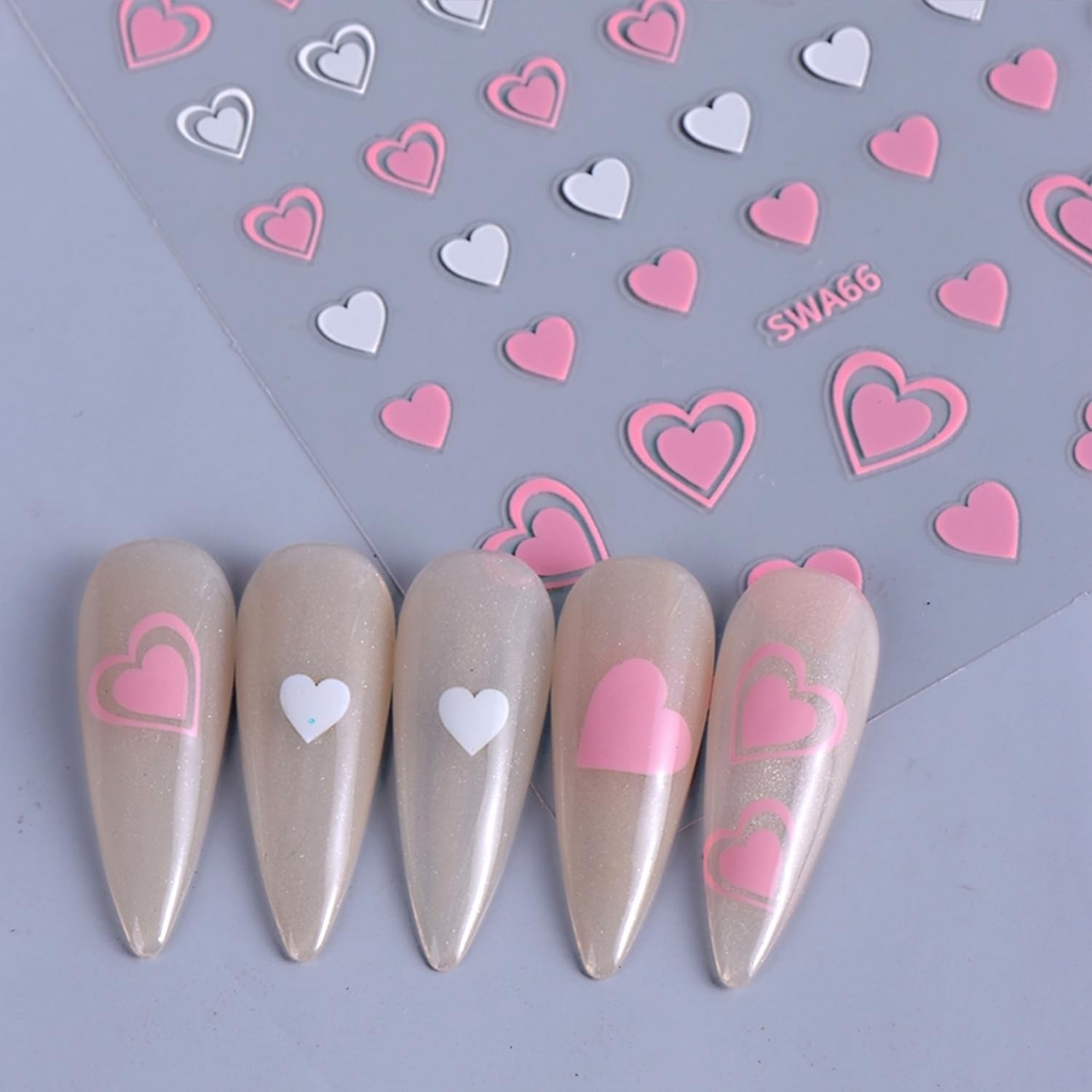 8 Sheets Heart Nail Art Stickers 3D Self Adhesive Gold Pink Decals