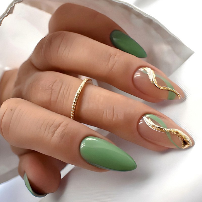 48Pcs-Sage Green Nude French Tip Almond Press on Nails with Gold Line Fake Tips