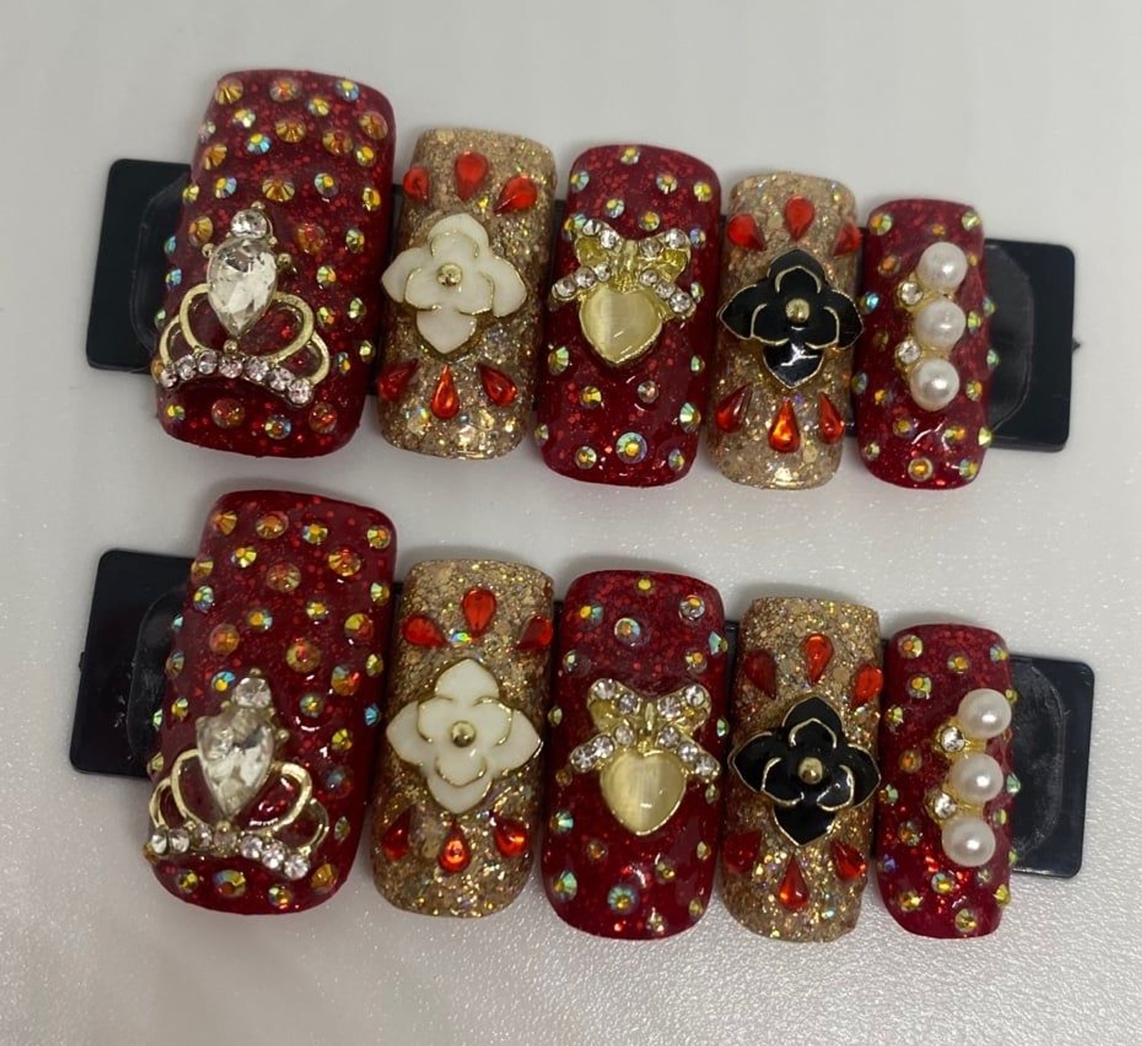Red, Gold, Black, & White Square Press On Nail Set