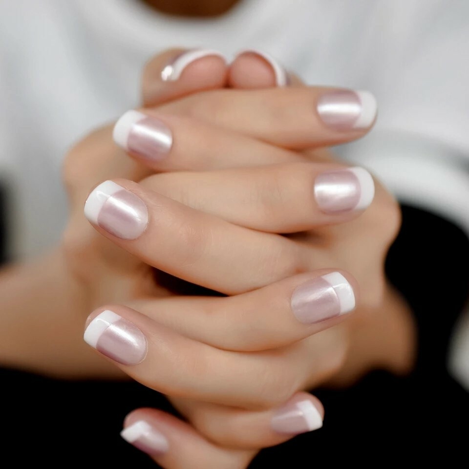 24 Short French Mani Press on nails glue on white tip Pearl Pink kit