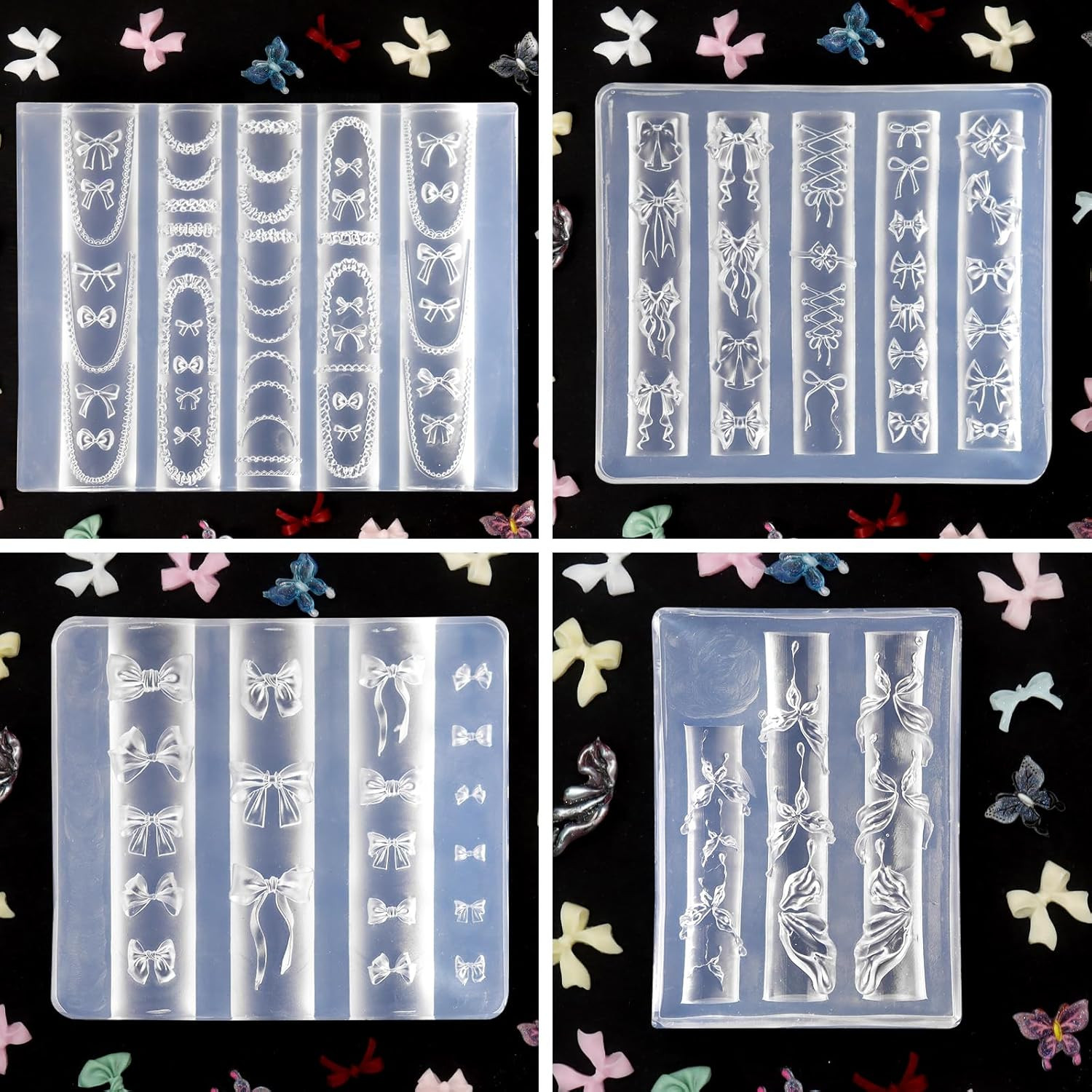 Laza 4Pcs Bowknot Silicone Nail Art Molds, 3D Multiple Shapes Ribbon Lace Bows C