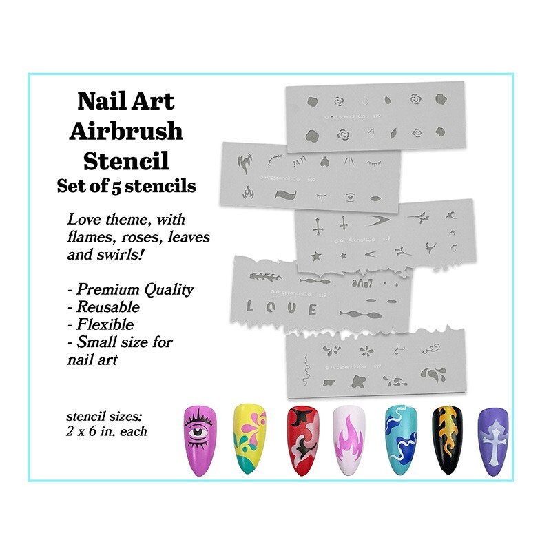 Airbrush Nail Art Design Stencil Strips 5 pc Set Love Roses and Fire ss9