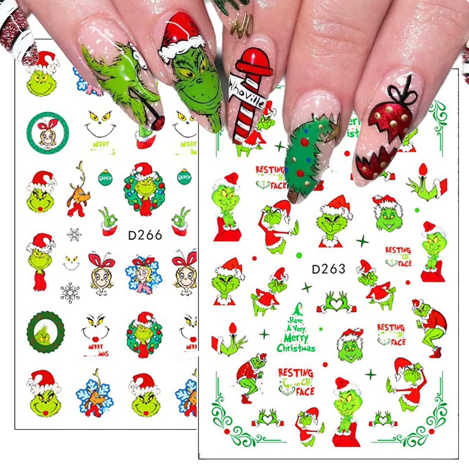 12Sheets Christmas Nail Art Stickers Green Fun Cartoon Santa Claus Designs Na…