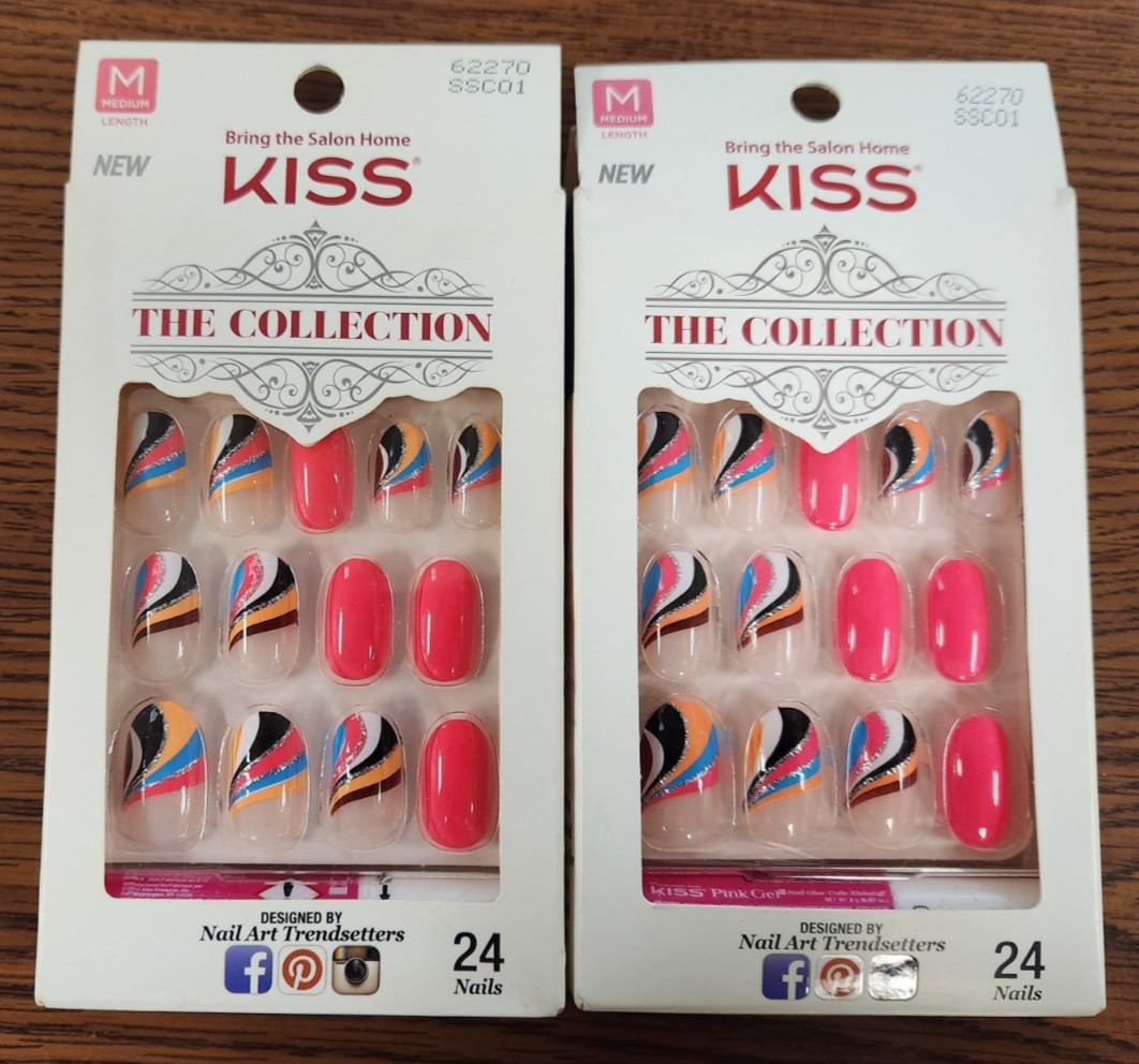 2PC NIP KISS THE COLLECTION OVAL MEDIUM LENGTH GLOSSY SWIRL MULTI 24 NAILS EACH