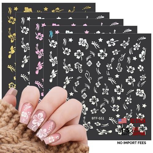 MUIIGOOD Flower Nail Stickers 10 Sheets Hibiscus Nail Decals White Transparent