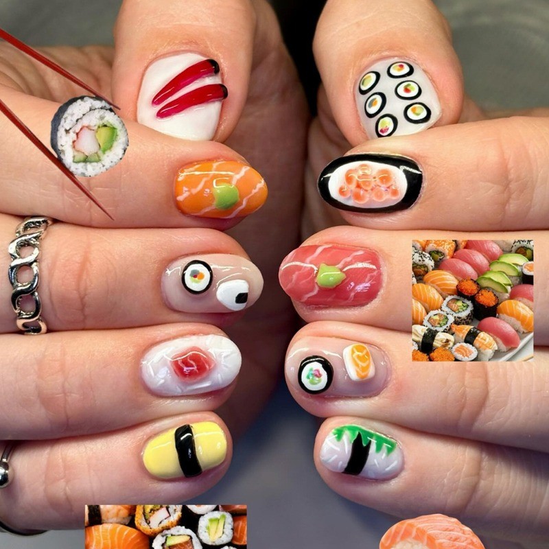 48pcs-Cute Food Fake Nails with 3D and Hand-Painted Sushi Designs, Short Square