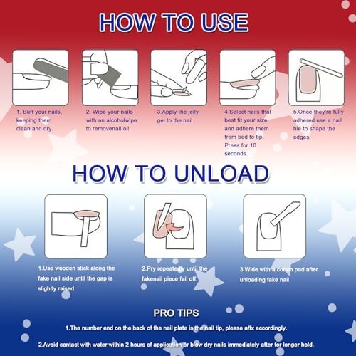 4th of July Press on Nails 1 Count (Pack of 24) 08.red blue French silver star