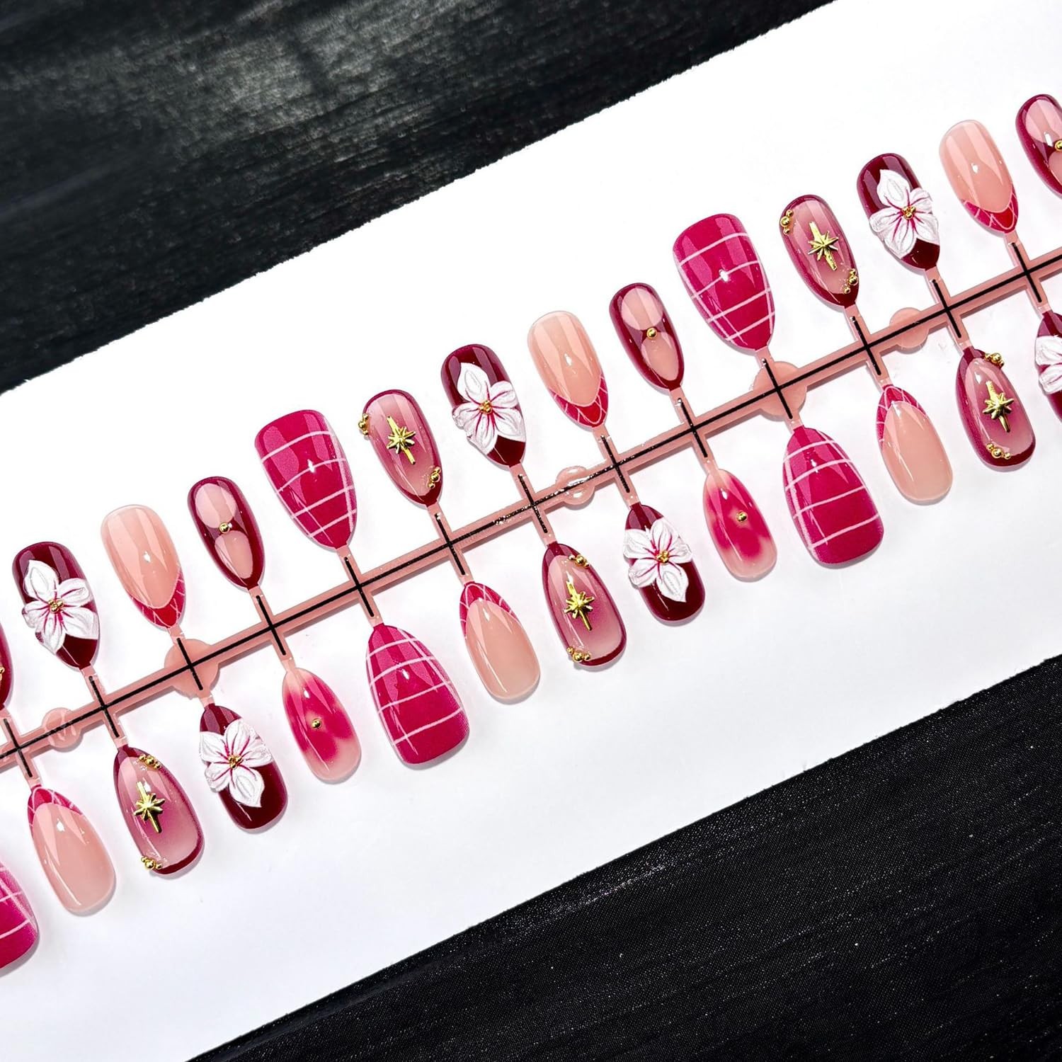 30Pcs Flower Press on Nails Medium Almond Fake Nails with Berry Red 3D Flower…