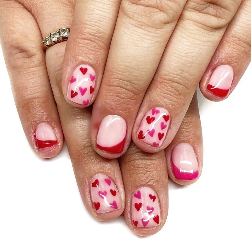 48PCS Cute Pink Gradient Red Heart Nail Removable Reusable Fake Nail Art
