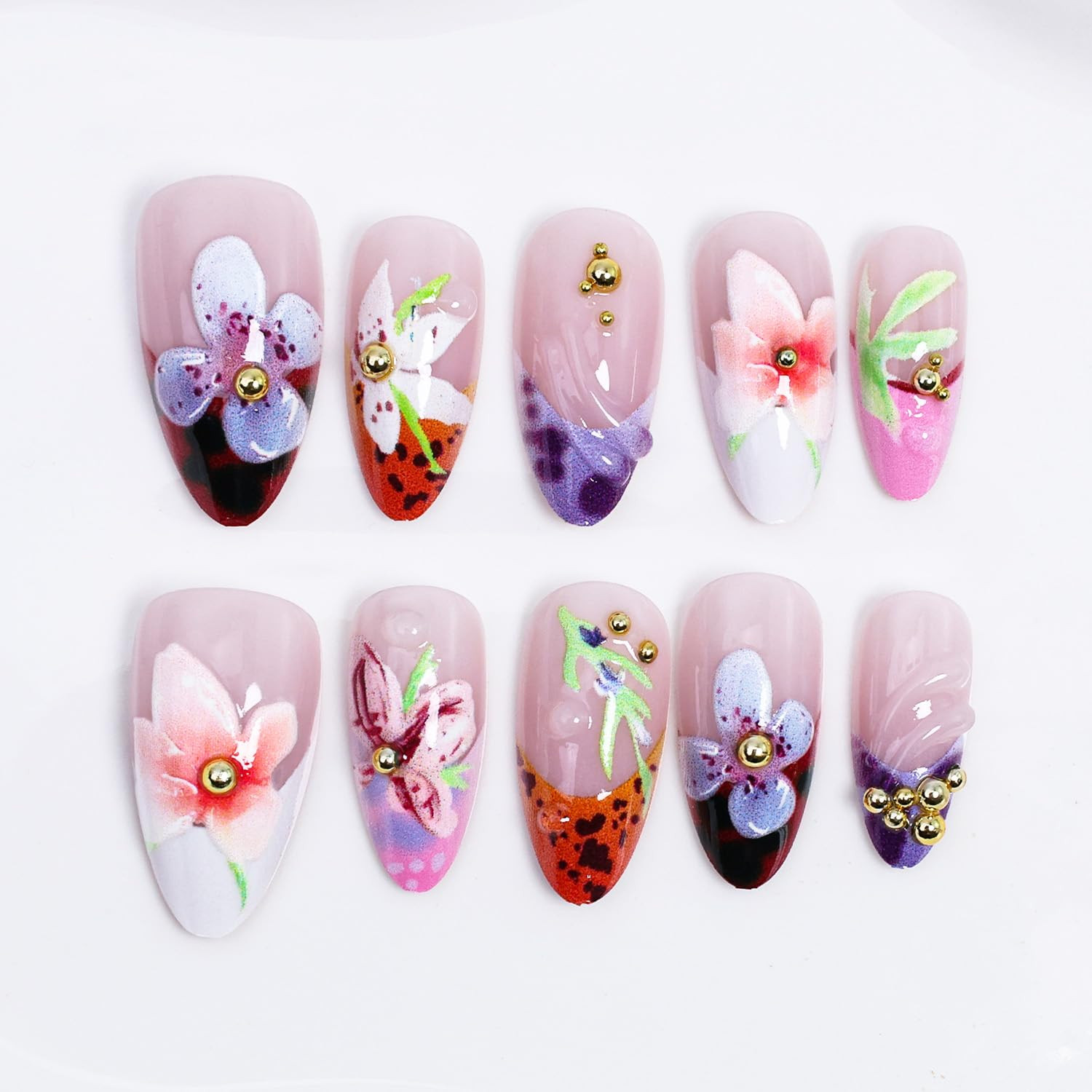 24Pcs French Tip Press on Nails Medium Almond Fake Nails 3D Colorful Flower Pres