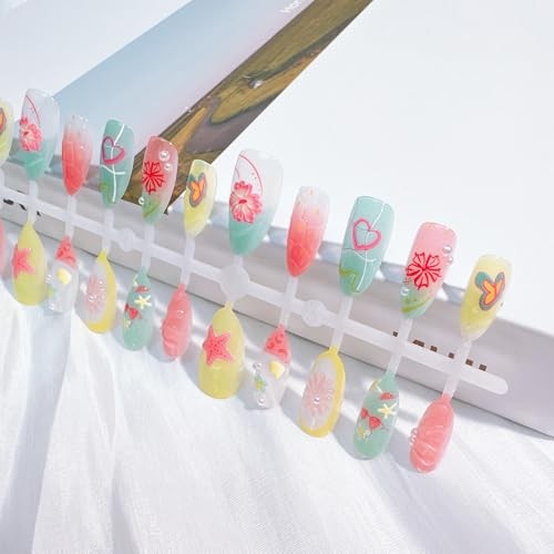 30pcs Summer Press on Nails Medium Almond Fake Nails with 3D Flower Handmade-14