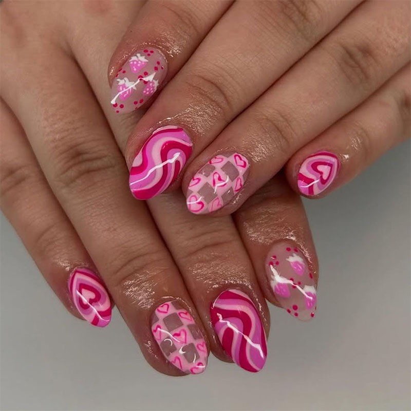 48PCS Short Almond Nail Removable Reusable Pink Fake Nail Art