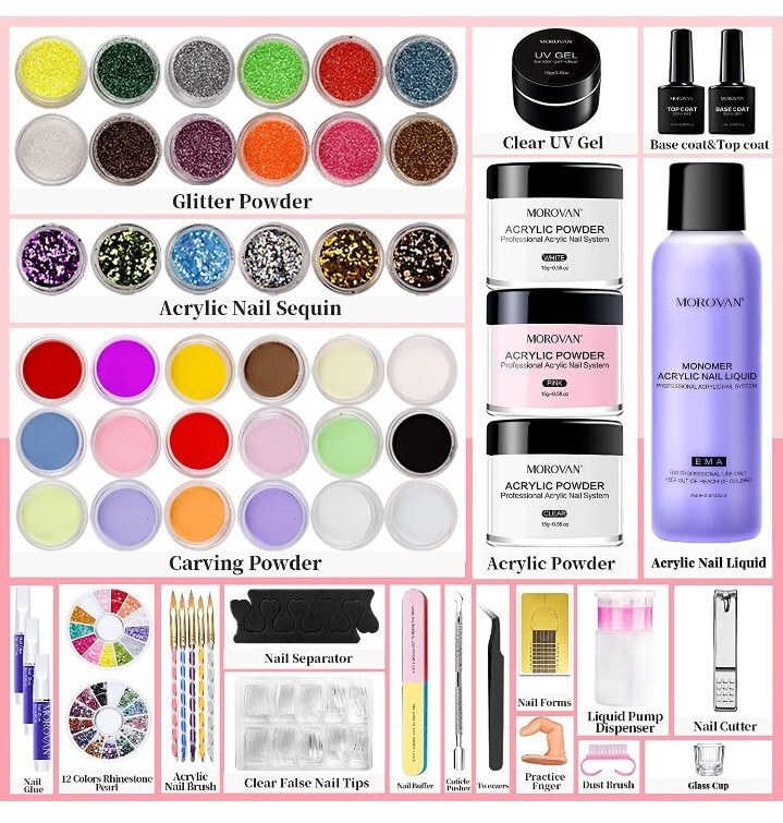 Acrylic Nail Kit Glitter Powder and Carving Powder Set Complete Practice Hand.