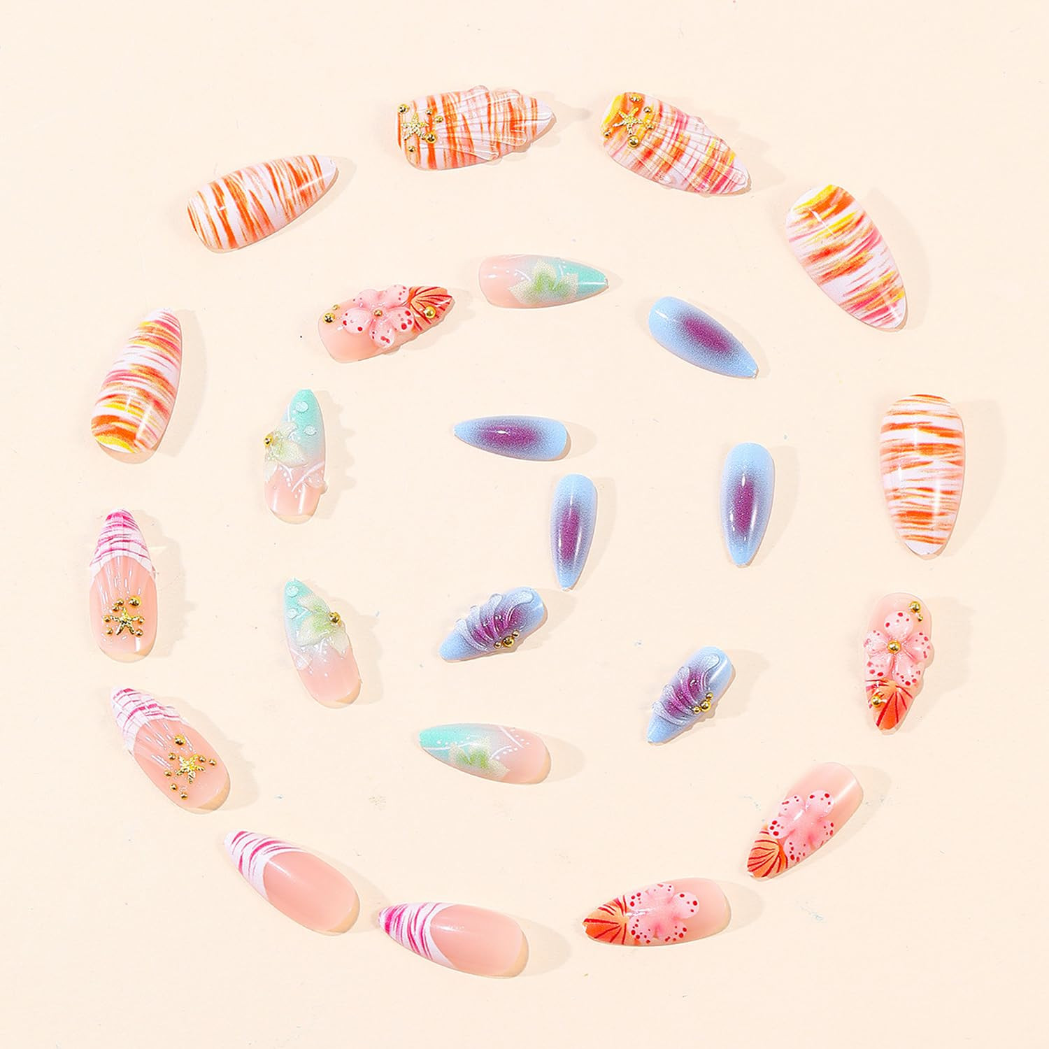 Gradient 3D Flower Press on Nails Almond – Medium French Tip Fake Nails with Gol