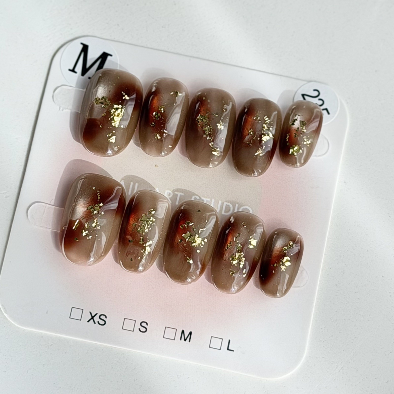 Handmade Red Brown Gold Foil Ombre Press-On Nails Short Oval Size M Reusable