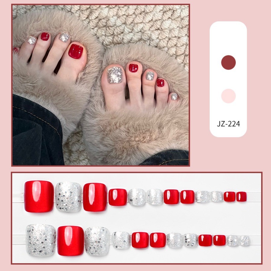 48Pcs-Glossy Red Silver Glitter Square Toe Press on Nails Set