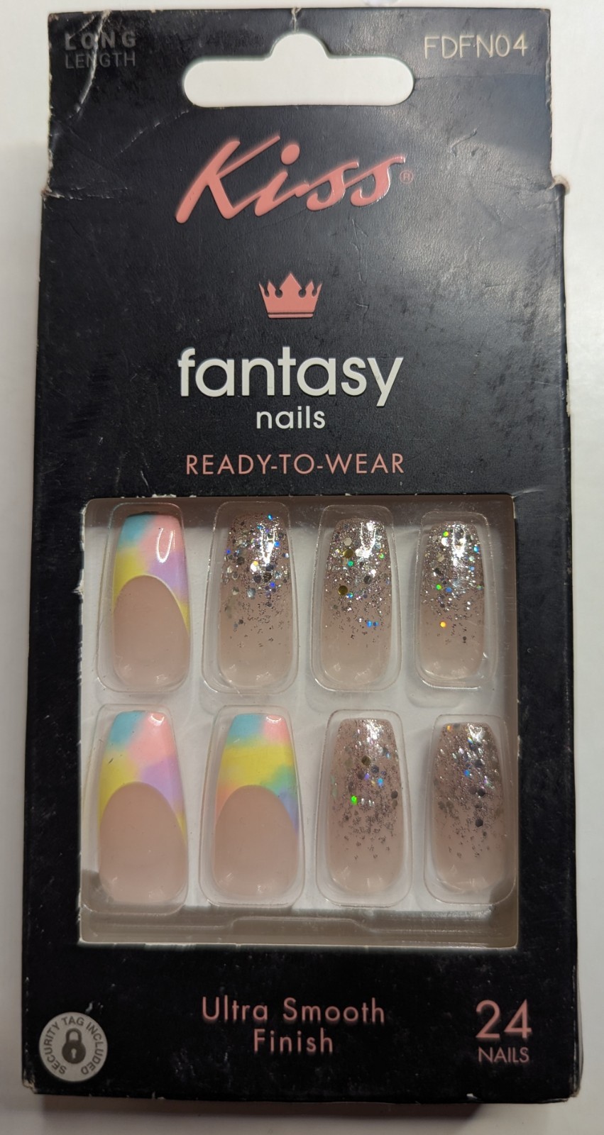 Kiss Fantasy Artificial Nail Long Rainbow Pastel French with Glitter