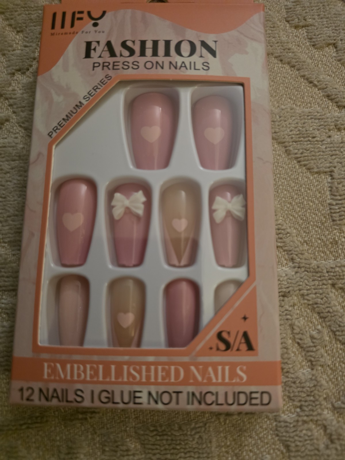 Mira Beauty Press-On Nails Long Coffin Pink Nude Heart 3D Full Cover Set