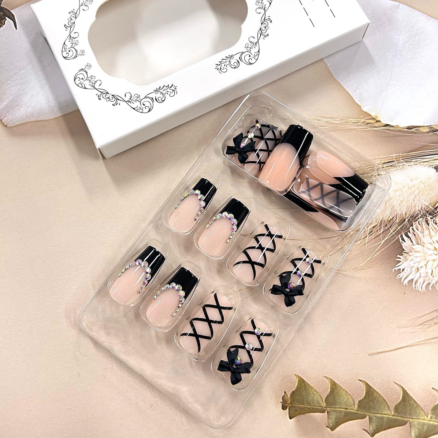 24Pcs Black French Press on Nails Medium Square 1 Fl Oz (Pack of 1), Multi