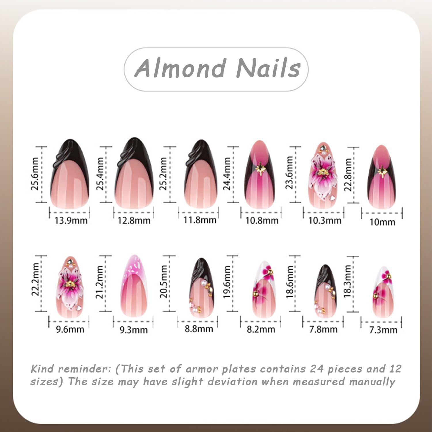 3D Purple Flower Press on Nails Medium Almond Fake Nail Black French Tip False N