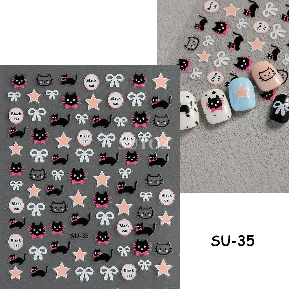 3D Cartoon ANIMAL Black Cat KITTEN Bow-knot Star NAIL ART STICKERS Su35 NH28