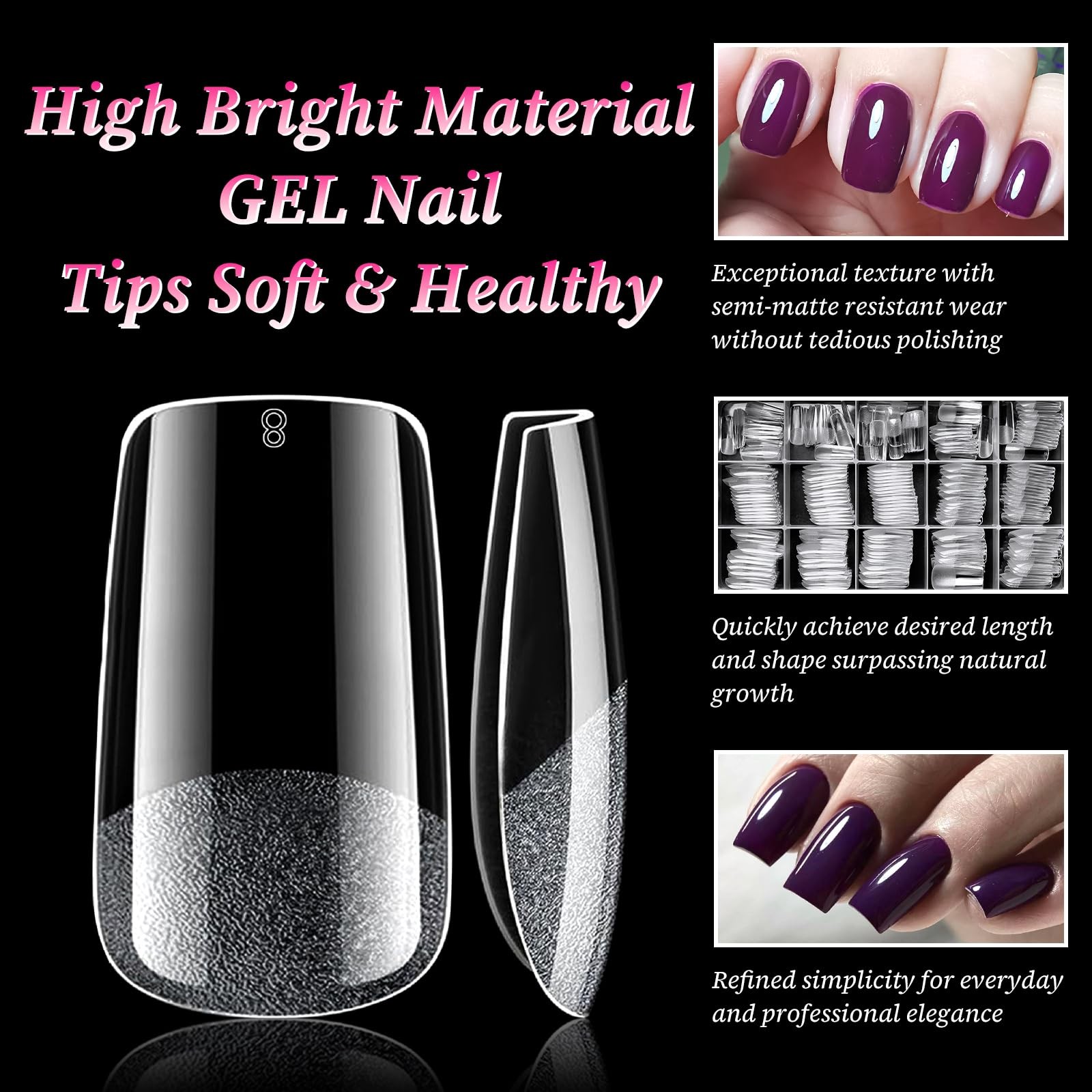 Medium Square Nail Tips, 240PCS Acrylic Nails Tip Full Cover Gel Nail Tips fo…